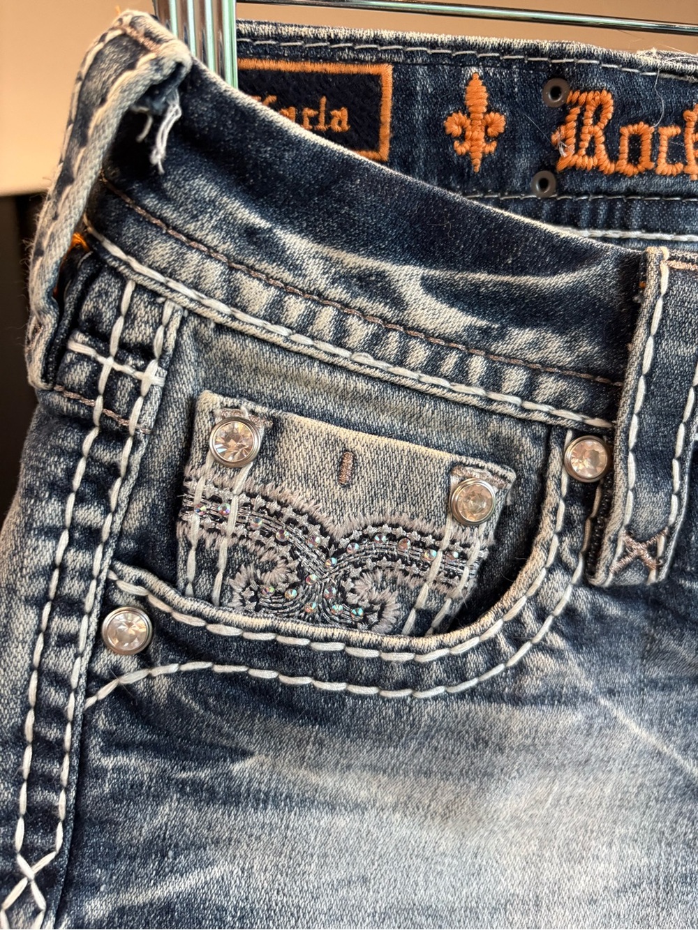 Rock Revival Women's Embellished Faded Blue Denim Shorts - Picture 4 of 5